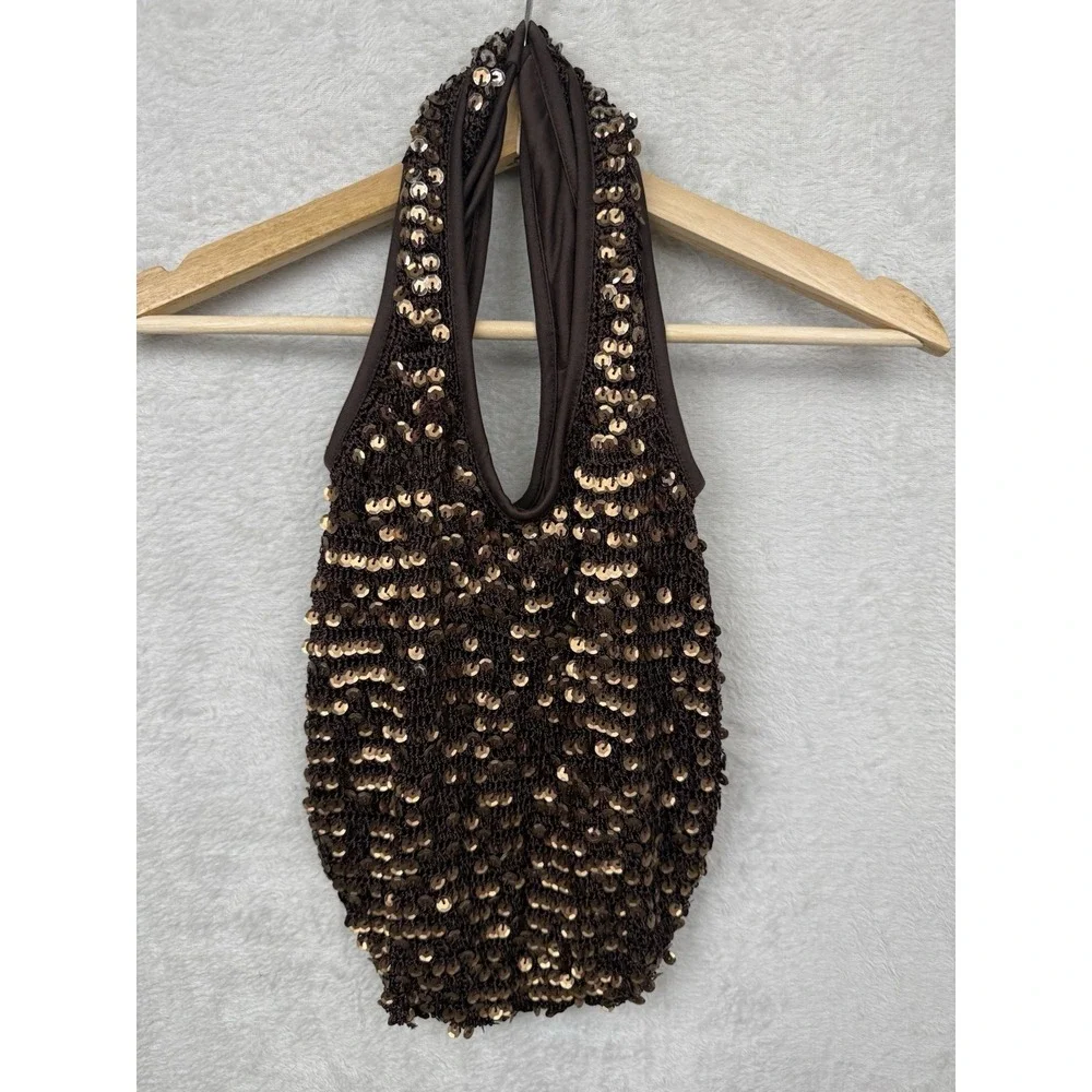 Y2K Aeropostale Brown Sequin Crochet Hobo Shoulder Bag Boho Festival Purse 2000s